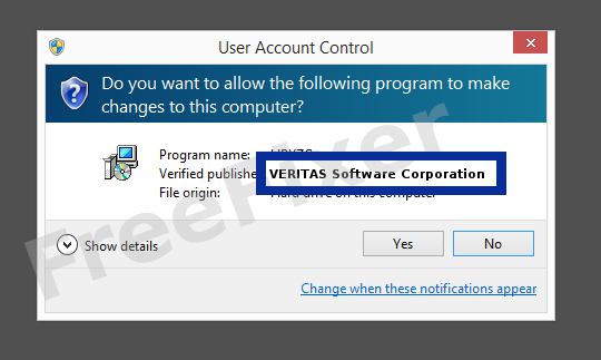 Screenshot where VERITAS Software Corporation appears as the verified publisher in the UAC dialog